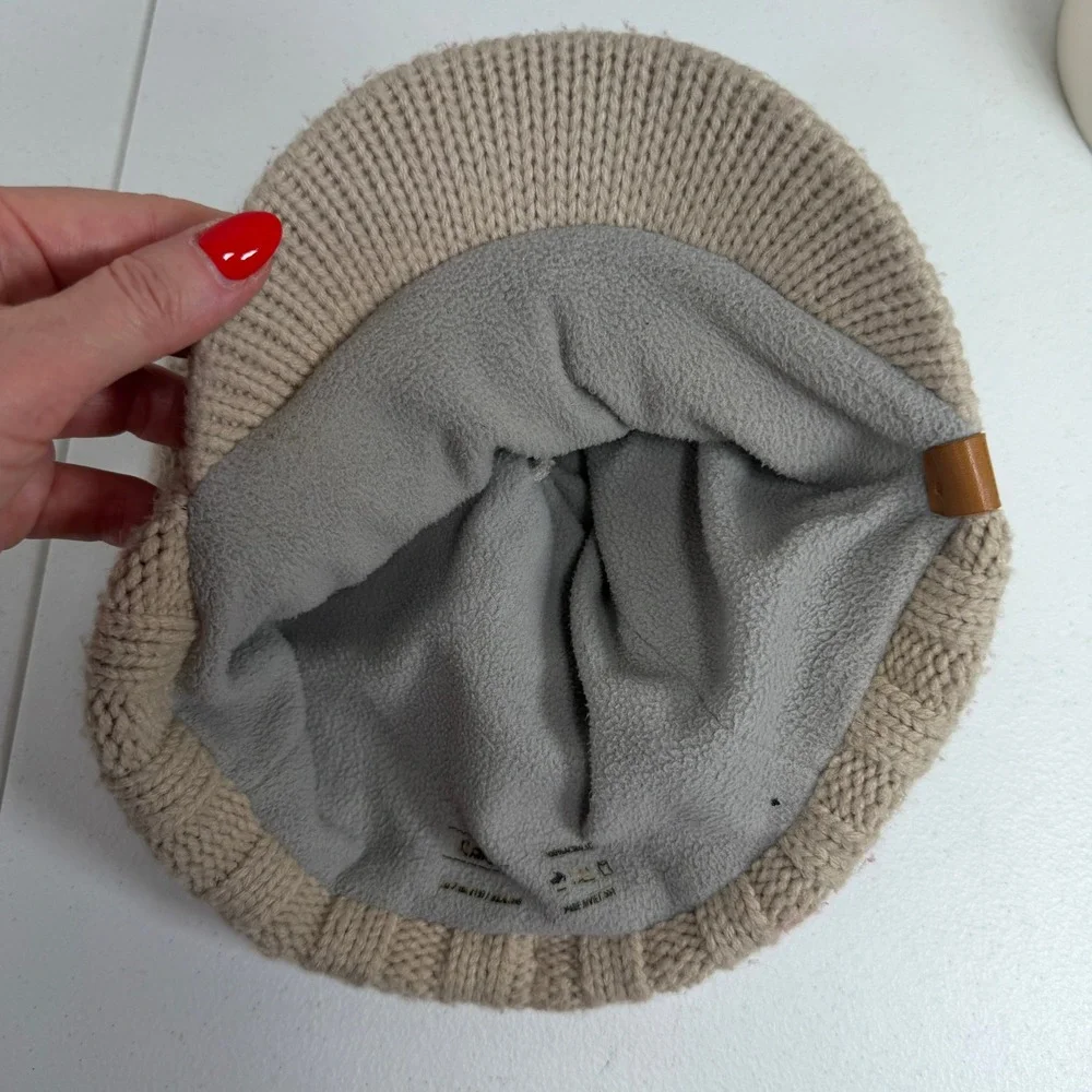 Y2K Adidas OSFM Visor Beanie Tan Cable Knit Fleece Lined Leather Logo Hat